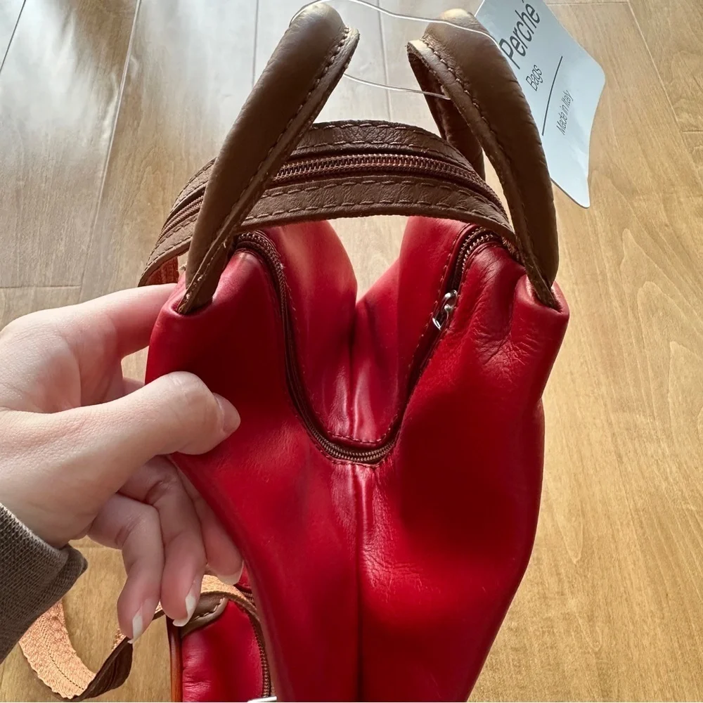 Vera Pelle Genuine Soft Italian Leather Backpack/Rucksack Shoulder Bag, Red/Tan